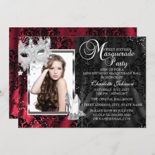 Elegant Mask  Heels Red Masquerade Sweet 16 Invitation