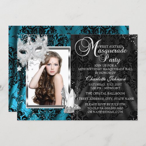 Elegant Mask Heels Teal Masquerade Photo Sweet16 Invitation