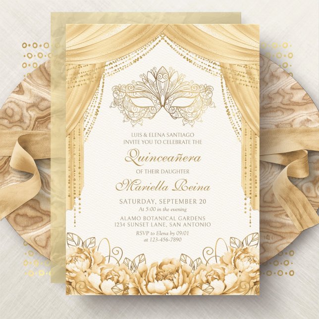 Elegant Mask Masquerade Gold Quinceanera Invitation (Creator Uploaded)
