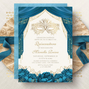 Elegant Mask Masquerade Teal Quinceanera Invitation