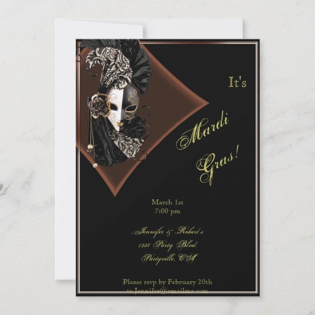 Elegant Mask on Black Bronze Mardi Gras Party Invitation (Front)
