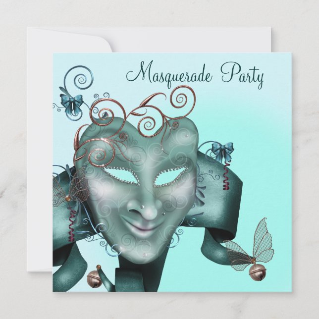 Elegant Mask Teal Blue Masquerade Party Invitation (Front)