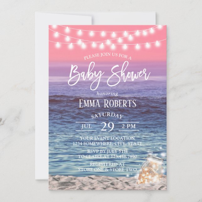Elegant Mason Jar Lights Pink Beach Baby Shower Invitation (Front)