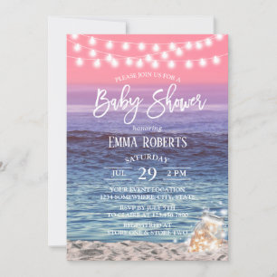 Elegant Mason Jar Lights Pink Beach Baby Shower Invitation
