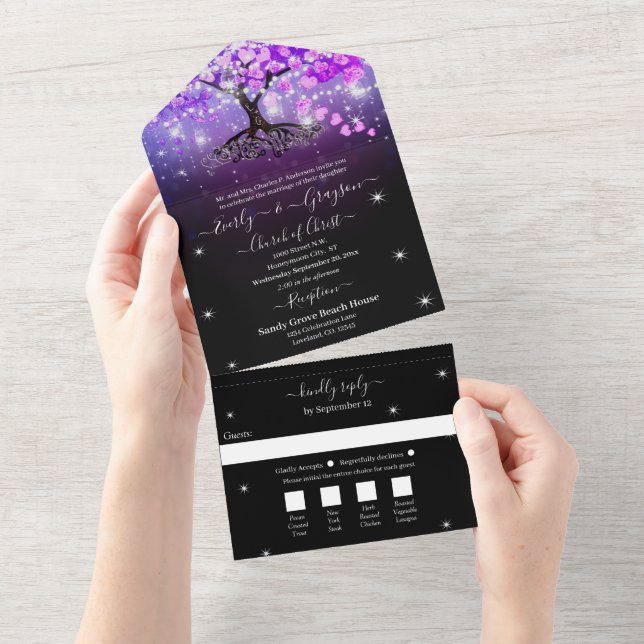 Elegant Mason Jar Purple Heart Leaf Tree Wedding A All In One Invitation (Tearaway)