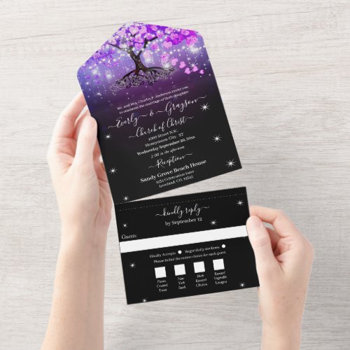 Elegant Mason Jar Purple Heart Leaf Tree Wedding A All In One Invitation