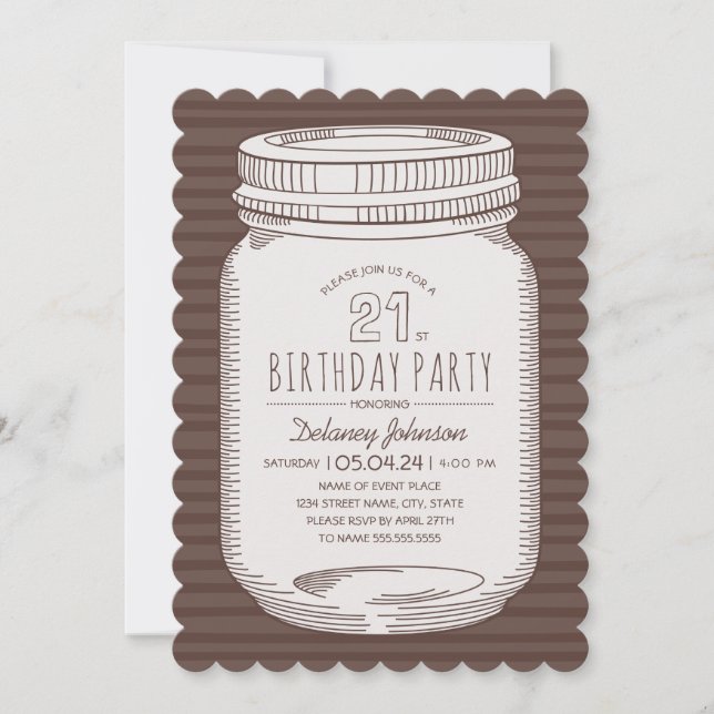Elegant Mason Jar Rustic 21st Birthday Party Invitation (Front)