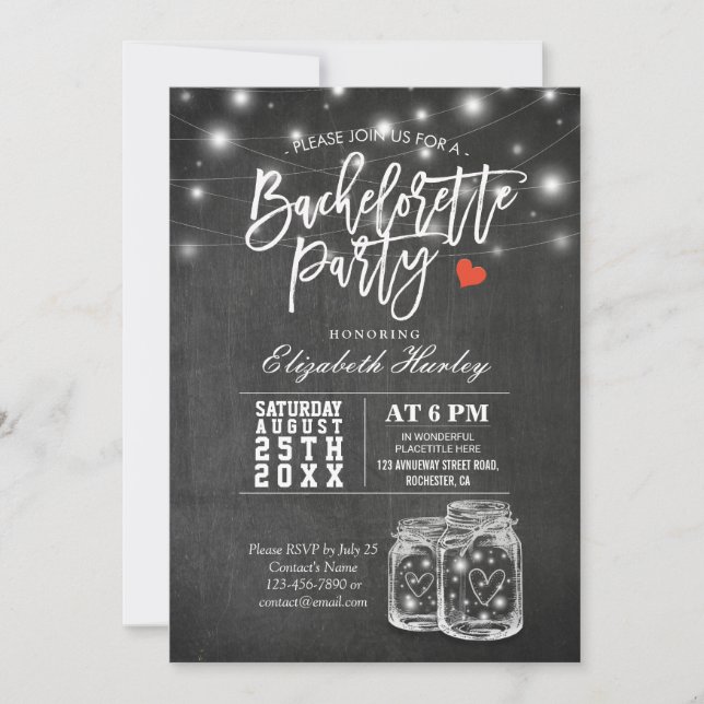Elegant Mason Jar String Lights Bachelorette Party Invitation (Front)