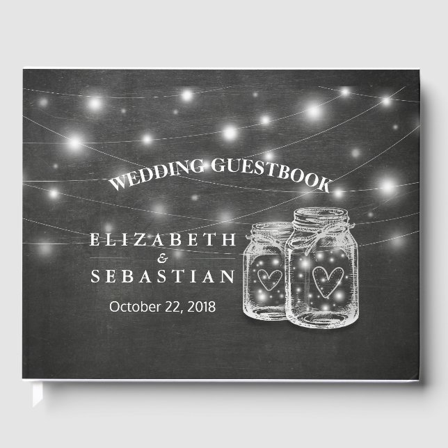 Elegant Mason Jar String Lights Chalkboard Wedding Guest Book (Front)