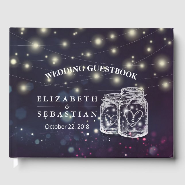 Elegant Mason Jar String Lights Wedding Guestbook (Front)