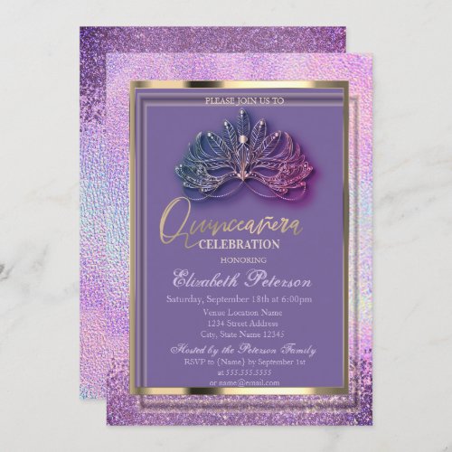 Elegant Masque Diamonds Holographic Quinceaera Invitation