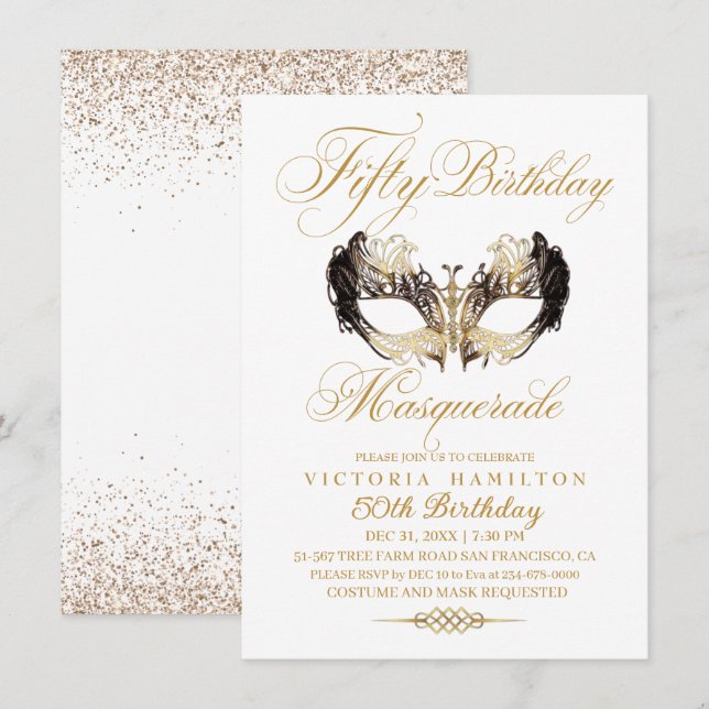 Elegant Masquerade 50th Birthday Gold Invitation (Front/Back)