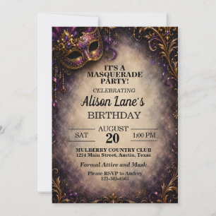 Elegant Masquerade Adult Birthday Gala Party Invitation