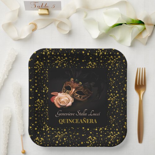 Elegant Masquerade and White Rose  Paper Plates