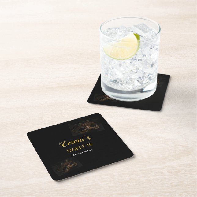 Elegant Masquerade Gold Black Sweet 16th Birthday  Square Paper Coaster (Insitu)