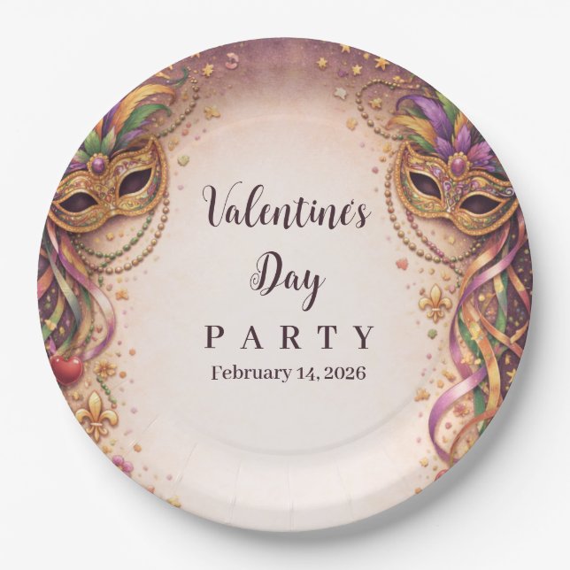 Elegant Masquerade Hearts Mardi Gras Paper Plates (Front)