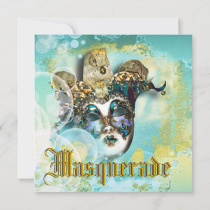 Elegant masquerade mask gold hat teal floral chic invitation