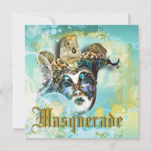 Elegant masquerade mask gold hat teal floral chic invitation