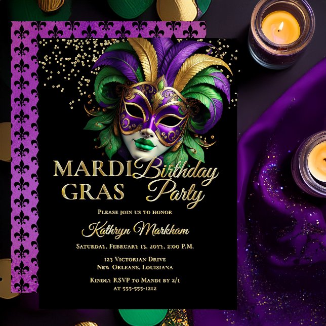 Elegant Masquerade Mask Mardi Gras Birthday Party Foil Invitation (Elegant Purple, Green and Gold Tone Masquerade Mask Mardi Gras Birthday Party Gold Foil Invitation )