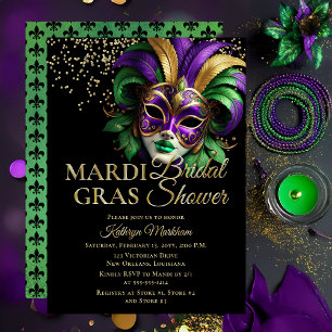 Elegant Masquerade Mask Mardi Gras Bridal Shower Foil Invitation