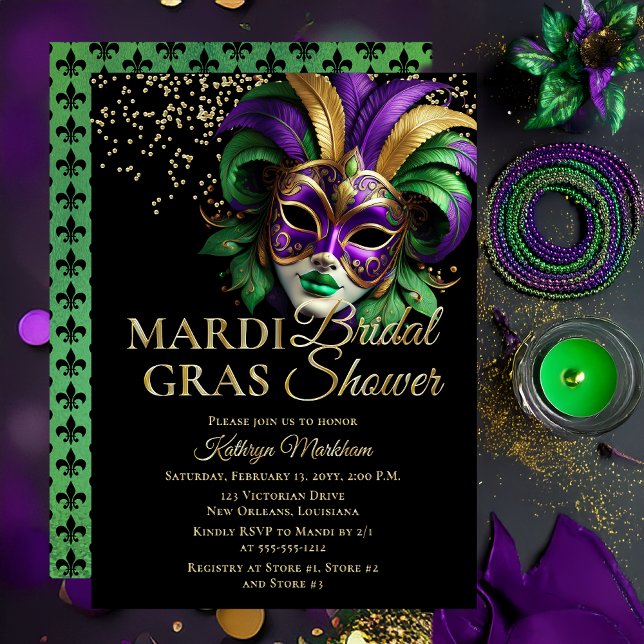 Elegant Masquerade Mask Mardi Gras Bridal Shower Foil Invitation (Elegant Purple, Green and Gold Tone Masquerade Mask Mardi Gras Party Invitation -- Gold Foil Text )