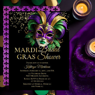 Elegant Masquerade Mask Mardi Gras Bridal Shower Foil Invitation