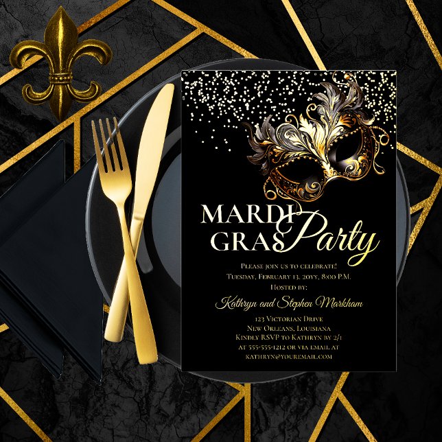Elegant Masquerade Mask Mardi Gras Party Foil Invitation (Elegant Gold Foil Mardi Gras Party Invitation Featuring a Dramatic Masquerade Mask)