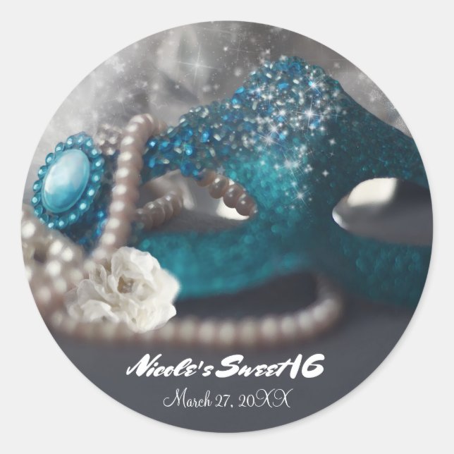 Elegant Masquerade Mask & Pearls Party Favor Classic Round Sticker (Front)