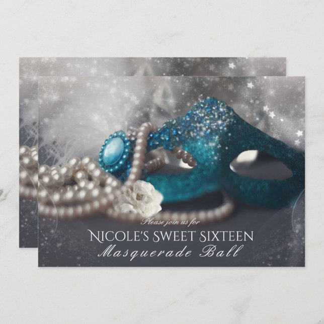 Elegant Masquerade Mask & Pearls Party Invitations (Front/Back)