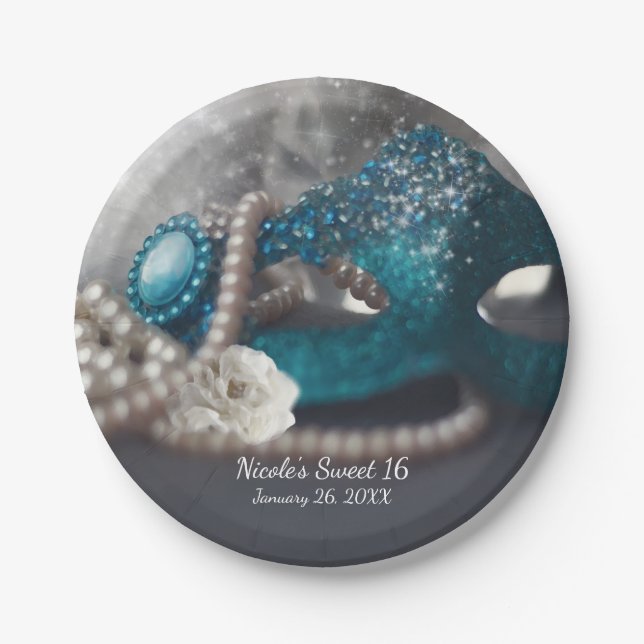 Elegant Masquerade Mask & Pearls Party Paper Plates (Front)