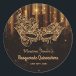 Elegant Masquerade Quinceañera 15th Birthday Classic Round Sticker<br><div class="desc">This classic round Quinceañera sticker perfectly matches our elegant luxurious gold designed Masquerade Quinceañera 15th birthday suite. It will make your Quinceañera favors even more adorable. You can easily add your or your loved one's name and date of special event by clicking on the “personalize this template” button. It will...</div>