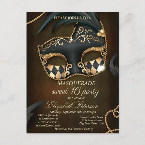 Elegant Masquerade Sweet 16  Invitation Postcard