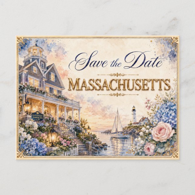 Elegant Massachusetts Save the Date Wedding Invite (Front)