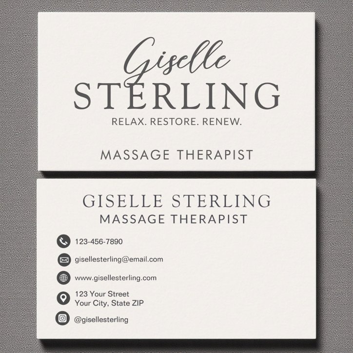 Elegant Massage Therapist Neutral Beige Script Business Card
