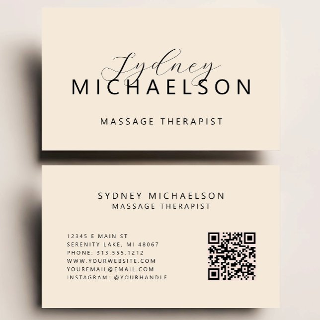 Elegant Massage Therapist QR Code Neutral Beige Business Card (Creator Uploaded)