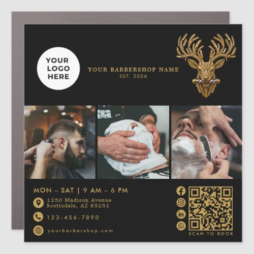Elegant Master Barber Shop Gold Stag Qr Code Logo Car Magnet