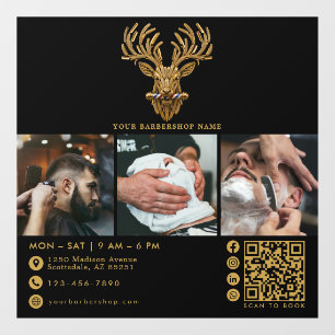 Elegant Master Barber Shop Gold Stag Qr Code Logo  Window Cling