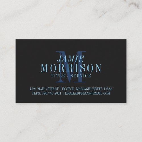 Elegant Matte Black Blue Monogram Professional Business Card