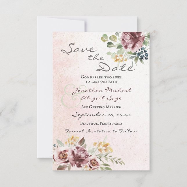 Elegant Mauve Blush Pink Floral Christian Wedding Save The Date (Front)