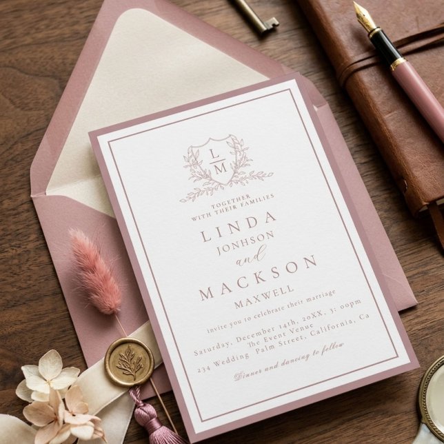 Elegant Mauve & botanical crest monogram wedding Invitation (Creator Uploaded)