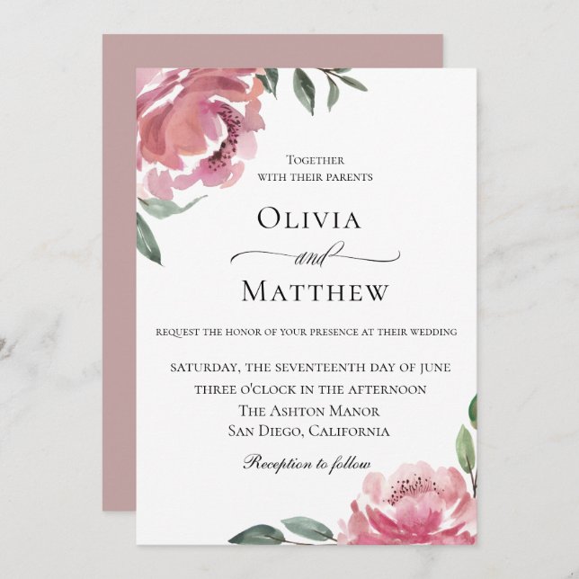 Elegant Mauve Botanical Wedding Invitation (Front/Back)