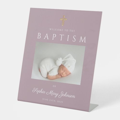 Elegant Mauve Cross Photo Boy Baptism Welcome Pedestal Sign