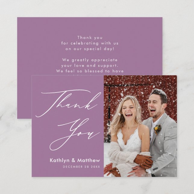 Elegant Mauve Elegant Script Modern Photo Wedding Thank You Card (Front/Back)