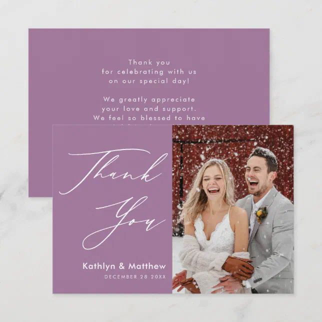 Elegant Mauve Elegant Script Modern Photo Wedding Thank You Card | Zazzle