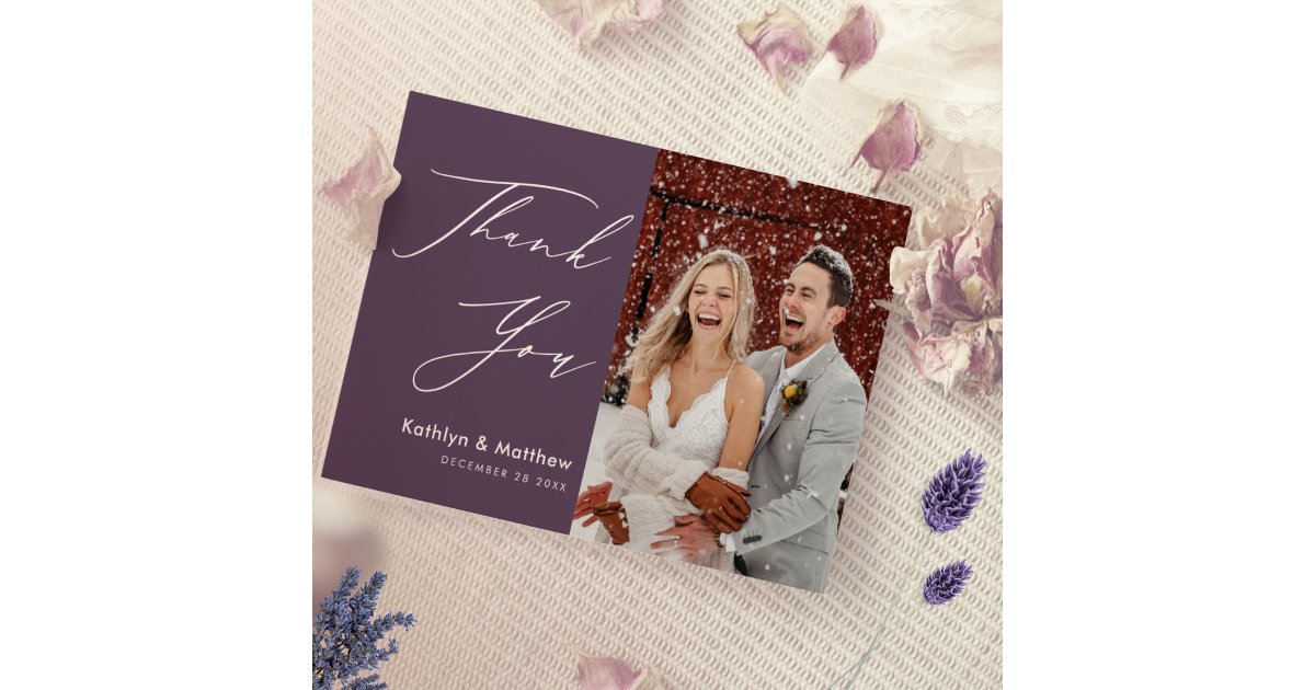 Elegant Mauve Elegant Script Modern Photo Wedding Thank You Card | Zazzle