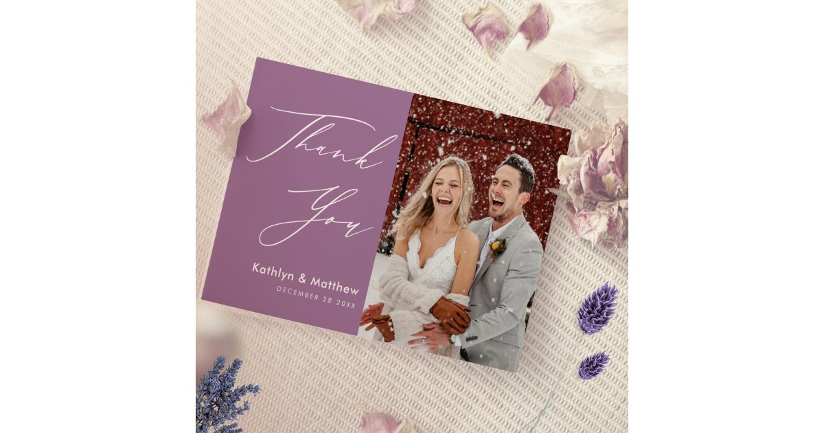 Elegant Mauve Elegant Script Modern Photo Wedding Thank You Card | Zazzle
