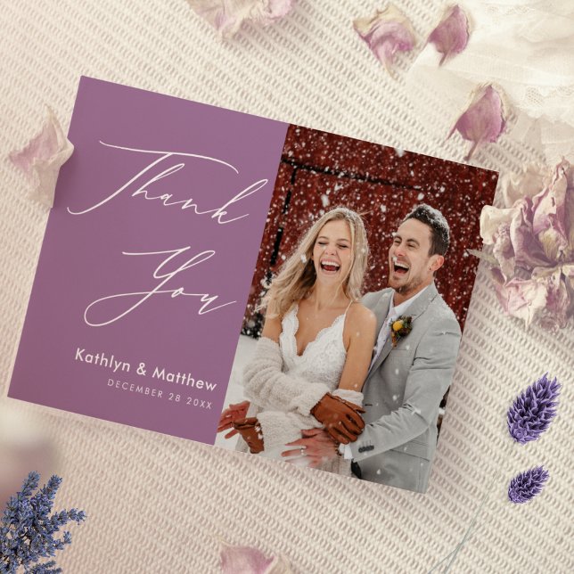 Elegant Mauve Elegant Script Modern Photo Wedding Thank You Card (Creator Uploaded)