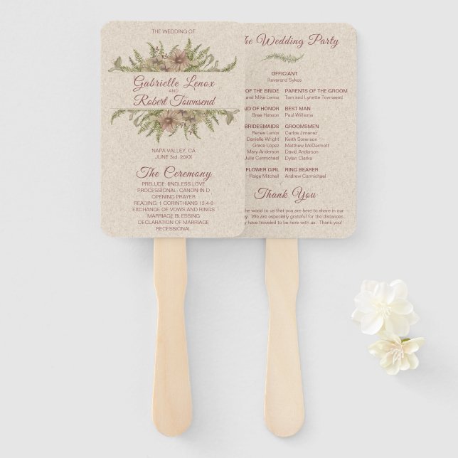 Elegant Mauve Floral & Greenery Wedding Program Hand Fan (Front and Back)