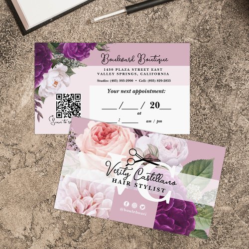 Elegant Mauve Floral Hair Stylist Appointment QR Business Card
