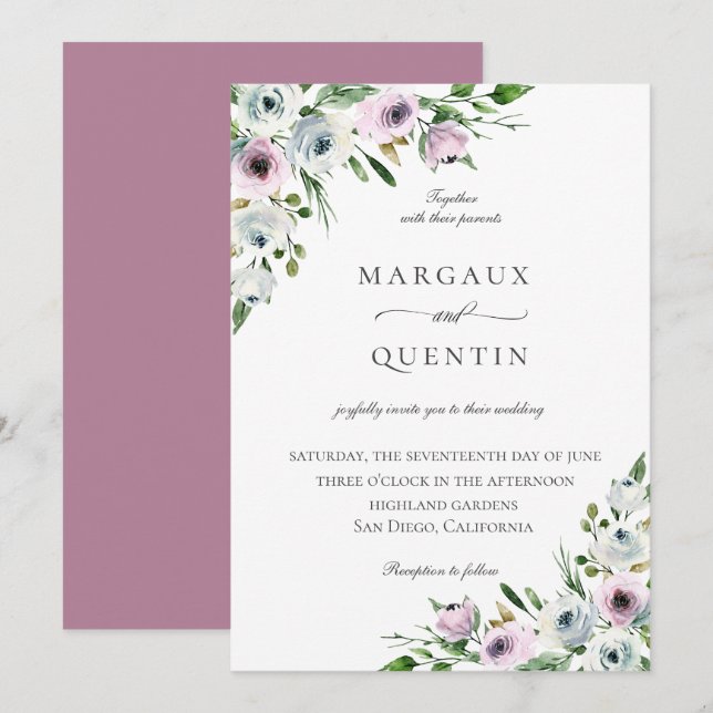 Elegant Mauve Floral Wedding Invitation (Front/Back)